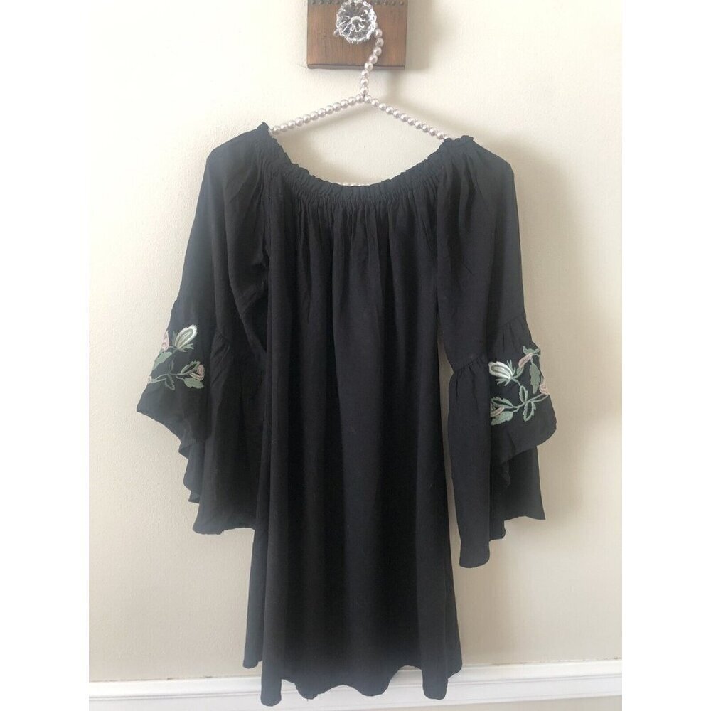 Blue Rain Womens Size Small Black Dress Embroidered Bell Sleeves Boho